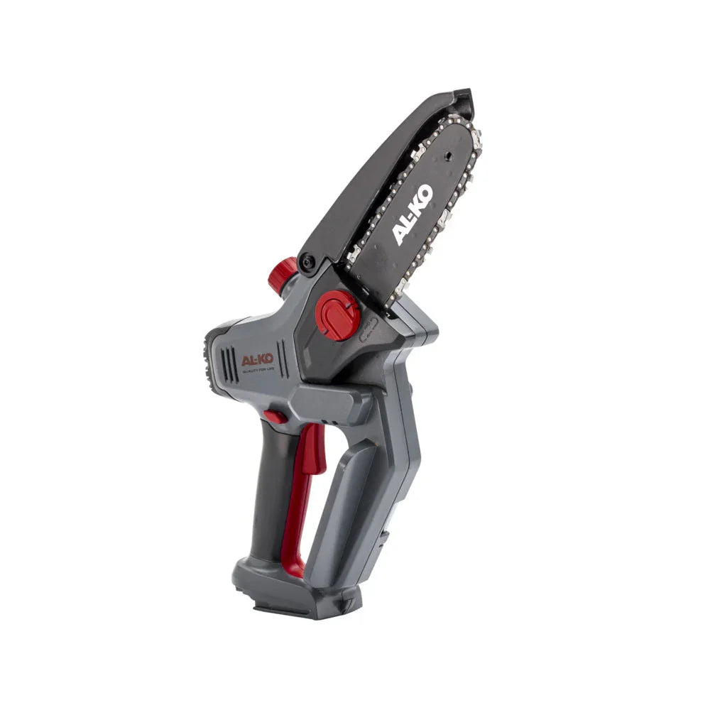 Akku-Minikettensäge 18V, Detailansicht mit Schwertabdeckung und rotem Bedienelement