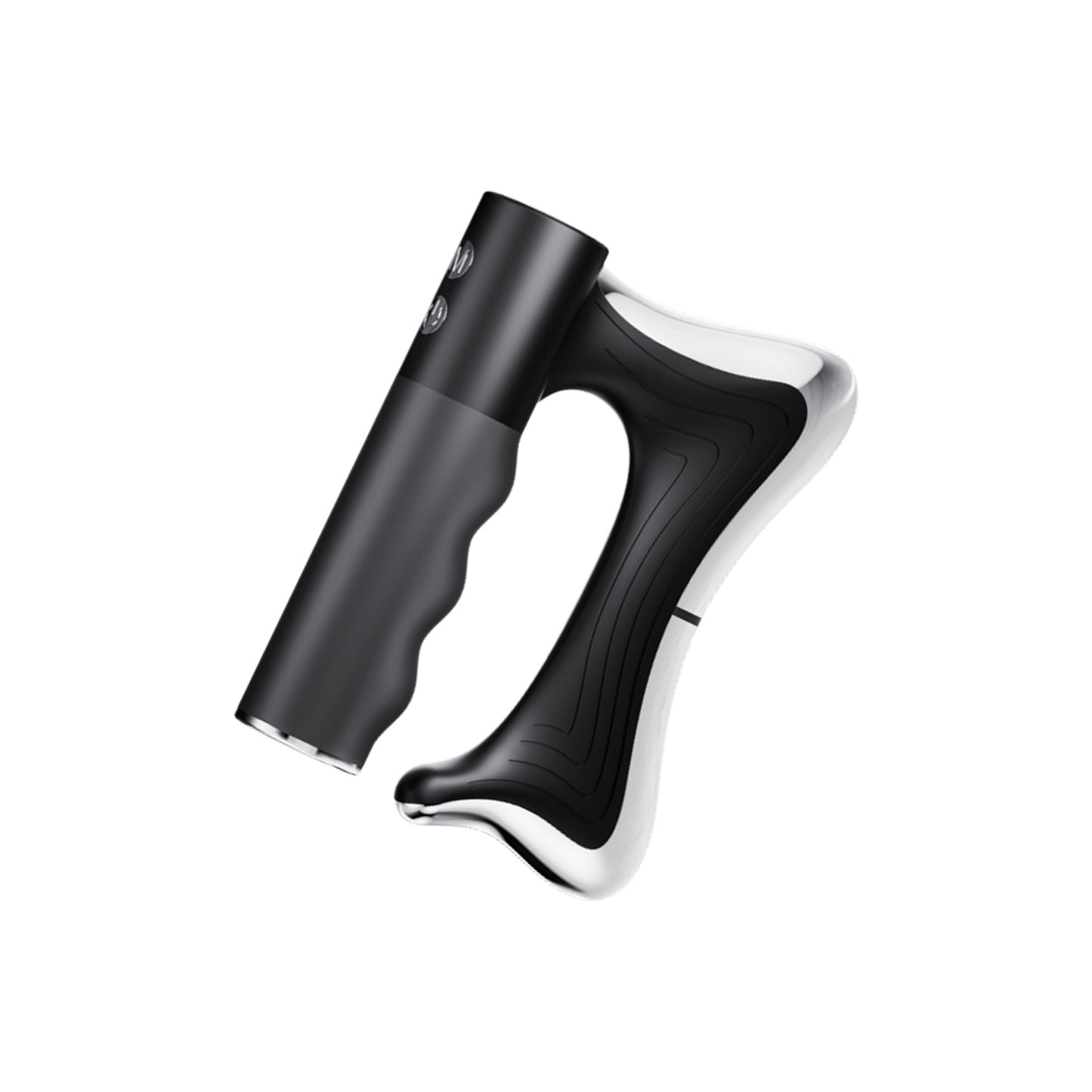 Schwarzes Handgerät mit gebogenem Griff und hellem Rand, Faszienmesser