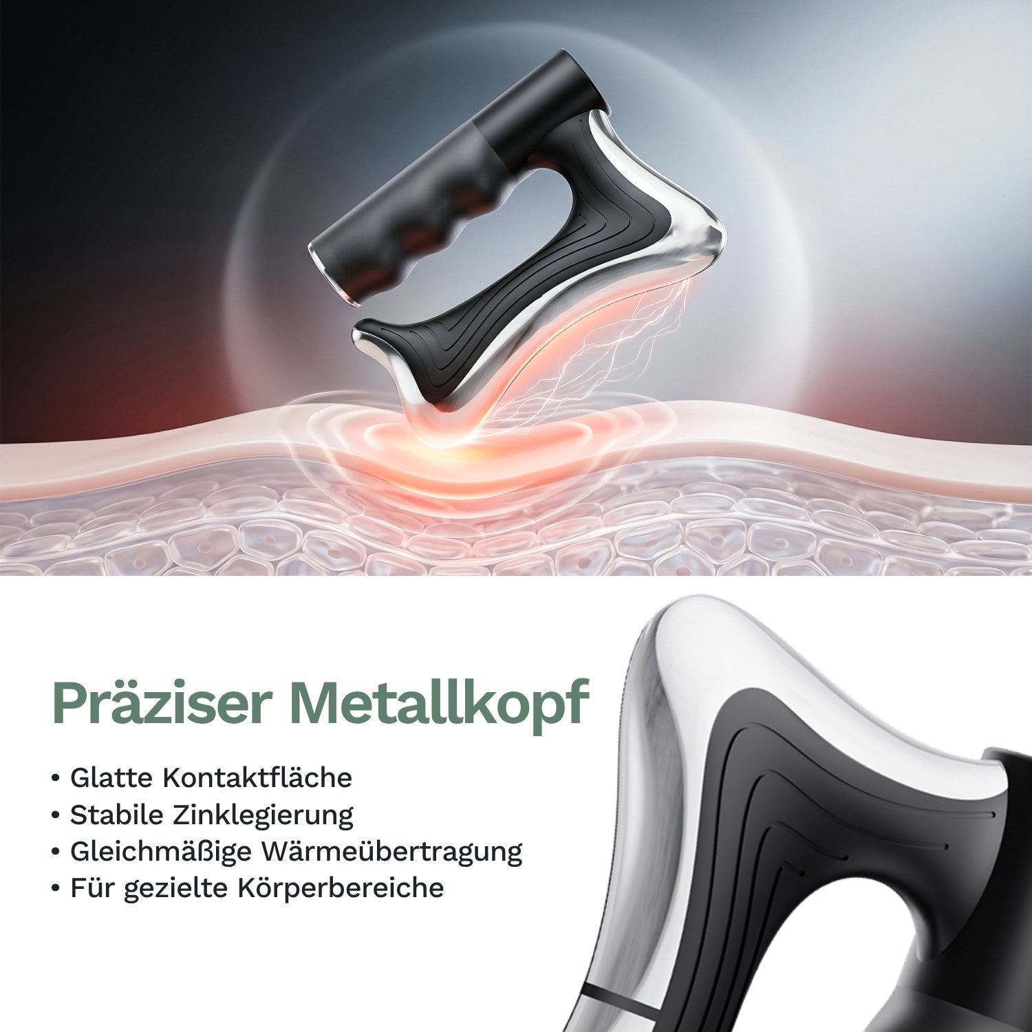 Präziser Metallkopf am schwarzen Faszienmesser für gezielte Körperbereiche