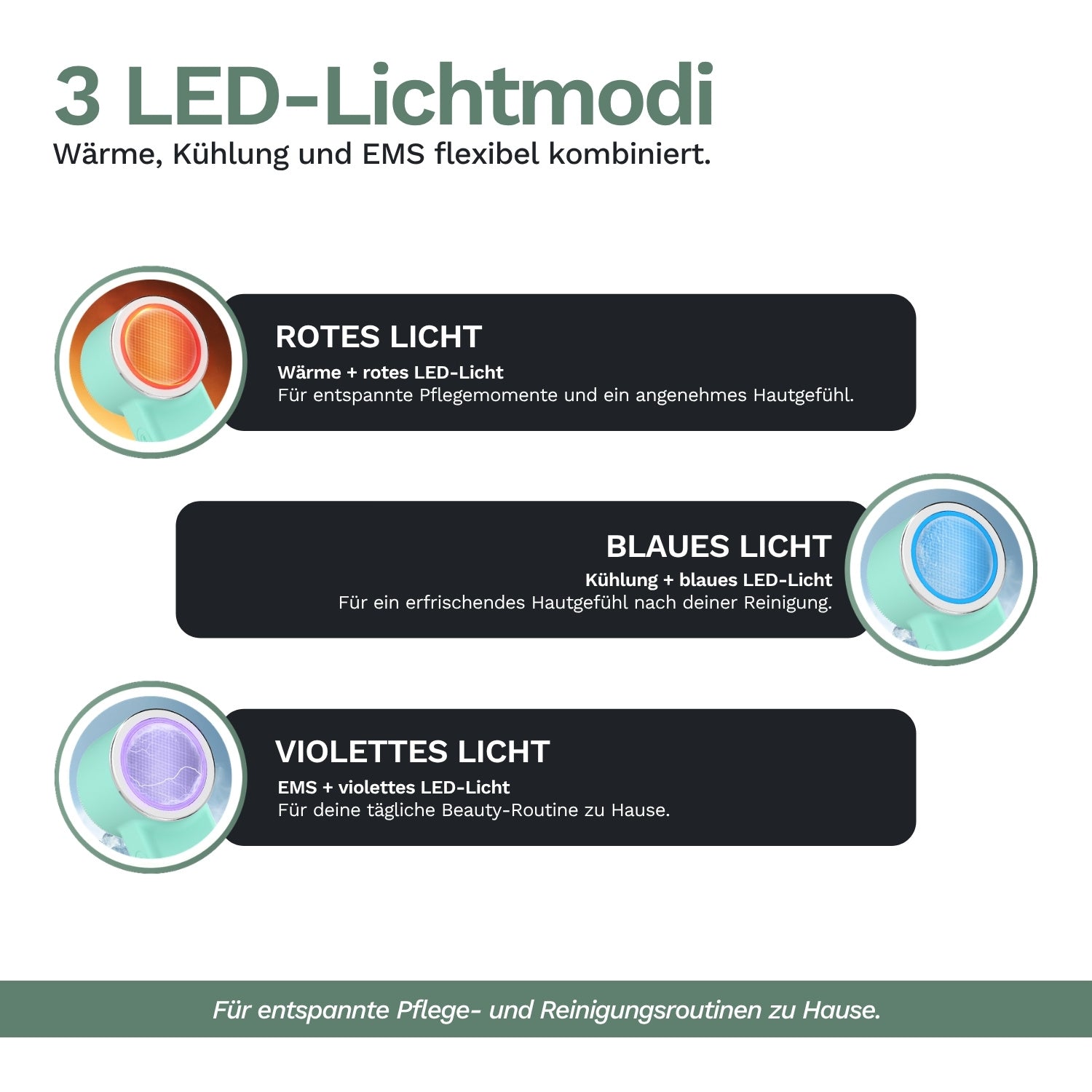 The Lazurec Care 083 Gesichtsreinigungsbürste displays red LEDs for Wärme- & Kühlfunktion, blue for cleansing, and purple for EMS-Funktion. German descriptions clearly explain each skincare mode.