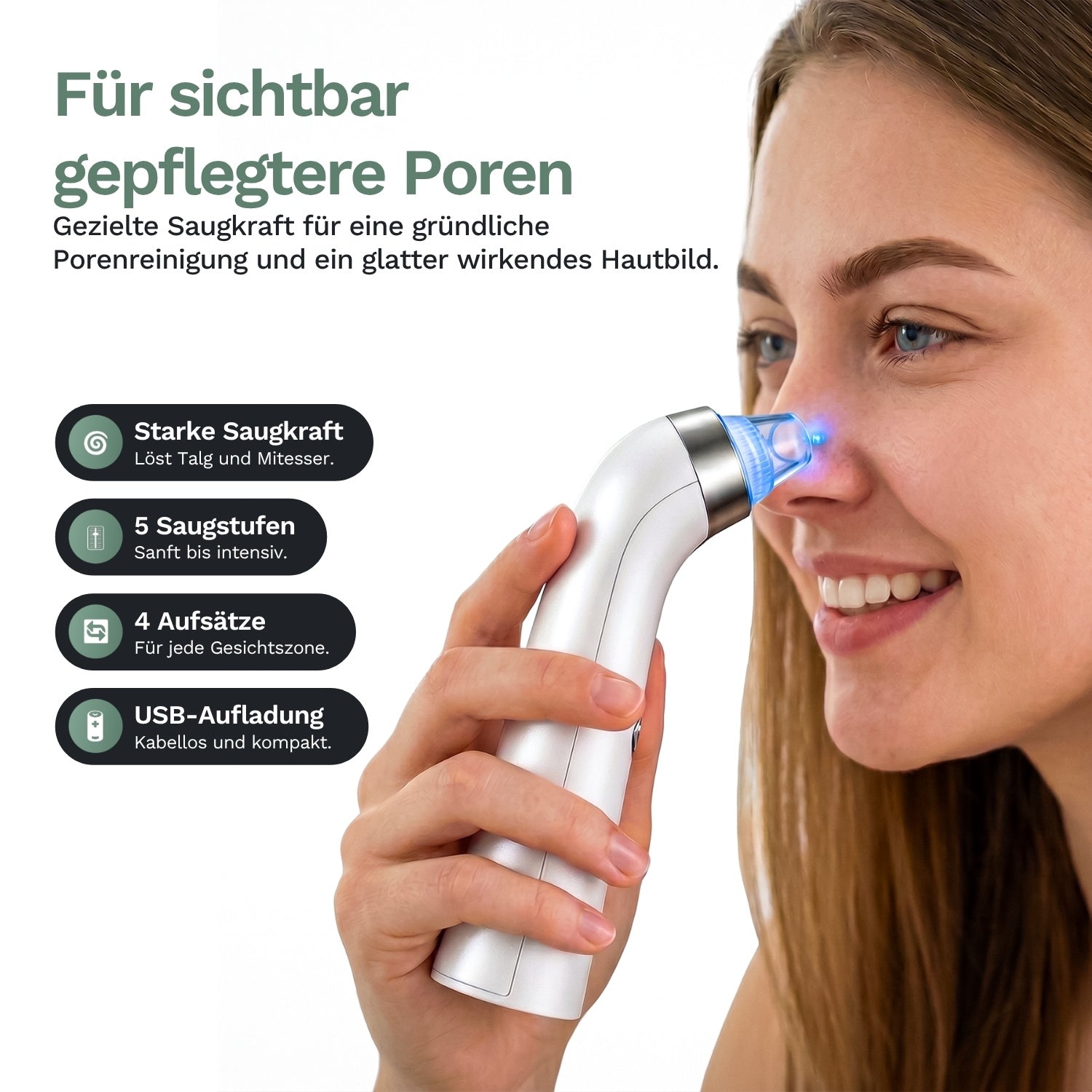 Porenreiniger für Gesicht am Gesicht angewendet, blauer Saugkopf