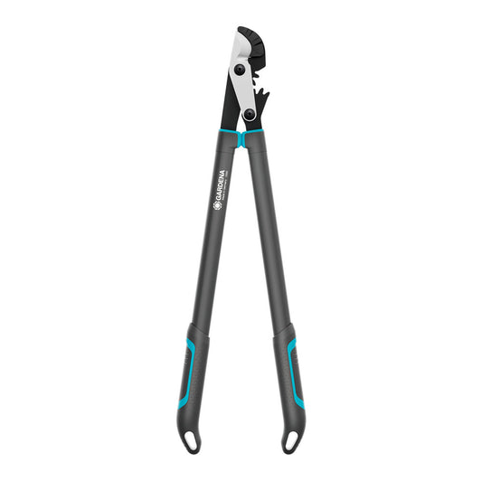 Amboss-Astschere mit langen Griffen, schwarze Klingen und blaue Akzente