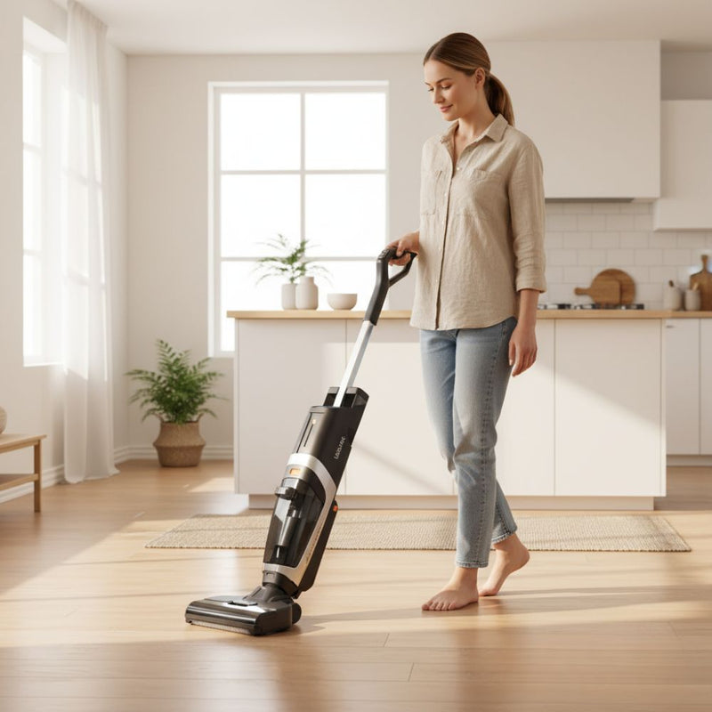 Frau reinigt den Boden in der Küche mit einem kabellosen Staubsauger.