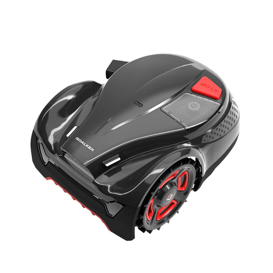 Goalker Mähroboter H3+ in Schwarz-Grau mit rotem STOP-Knopf