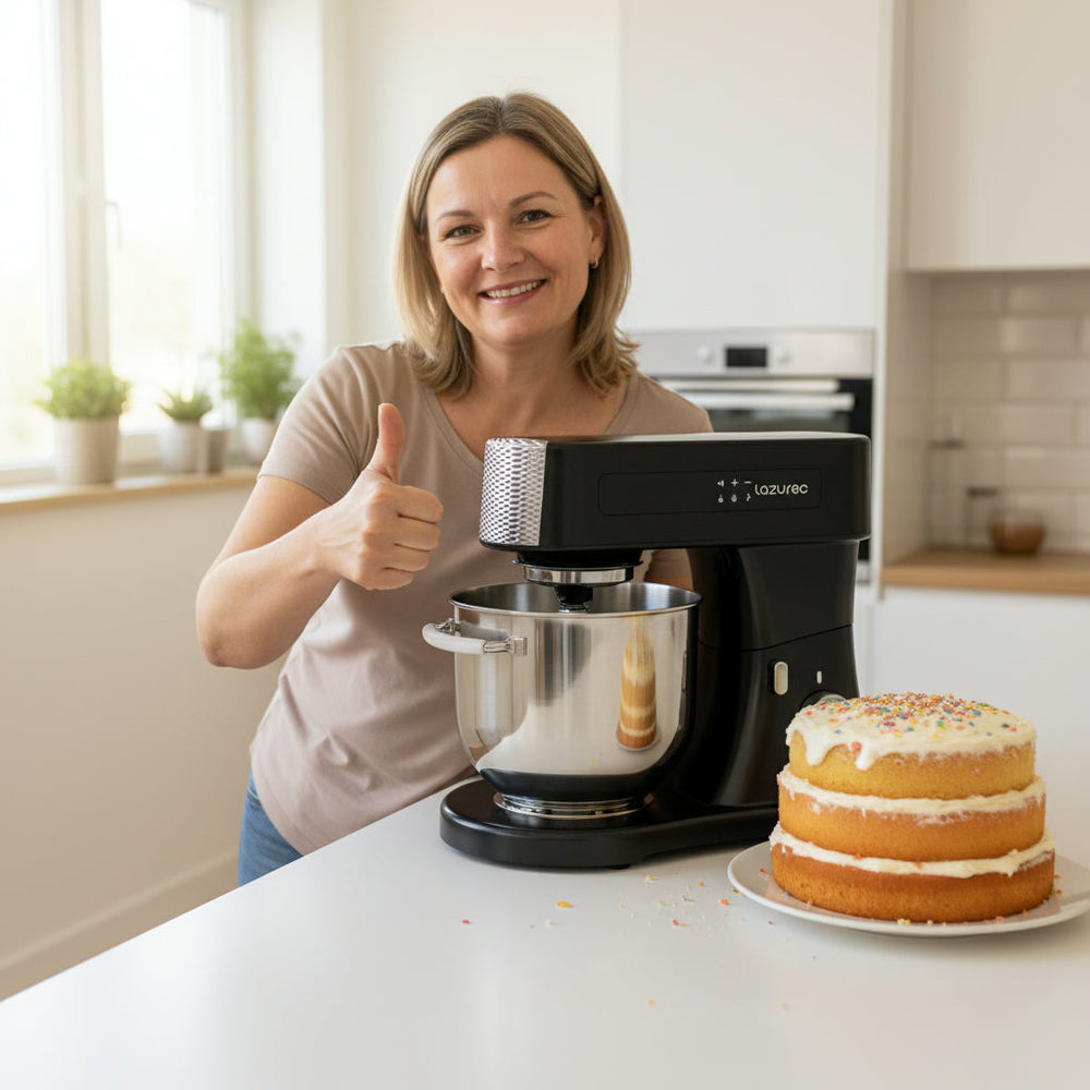 Frau verwendet eine Küchenmaschine zum Backen in der Küche und zeigt zufrieden den Daumen nach oben neben einer Torte.