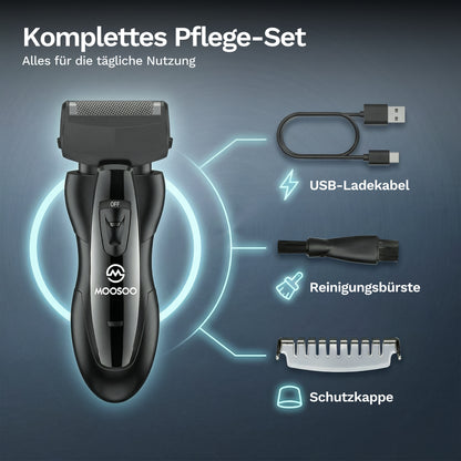 Elektrorasierer mit Zubehör: USB-Ladekabel, Reinigungsbürste und Schutzkappe