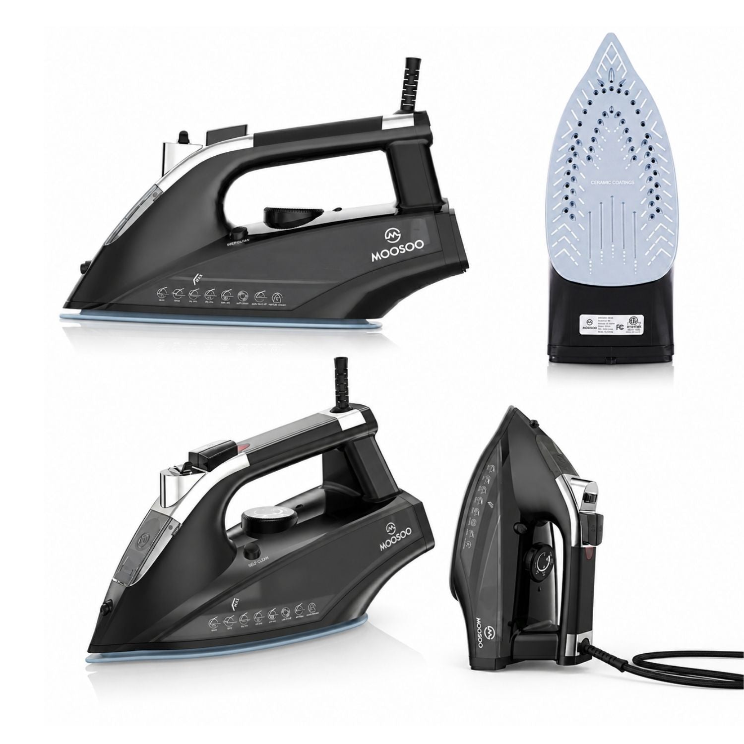 Dampfbügeleisen mit Dampfaufsatz und offener Bügelöffnung, Vorder- und Seitenansicht