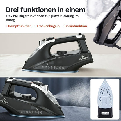 Dampfbügeleisen mit Dampfaustritt und Sprühfunktion, Frontansicht auf Bügelfläche