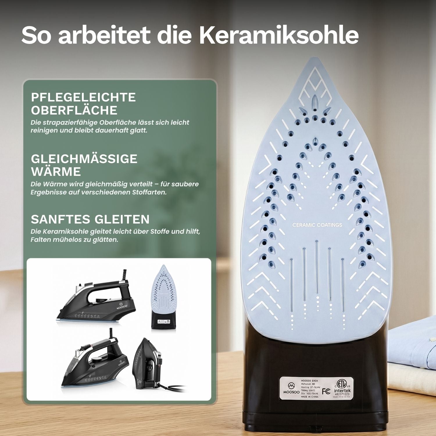 Keramiksohle des Dampfbügeleisens mit Dampföffnungen, Detailansicht