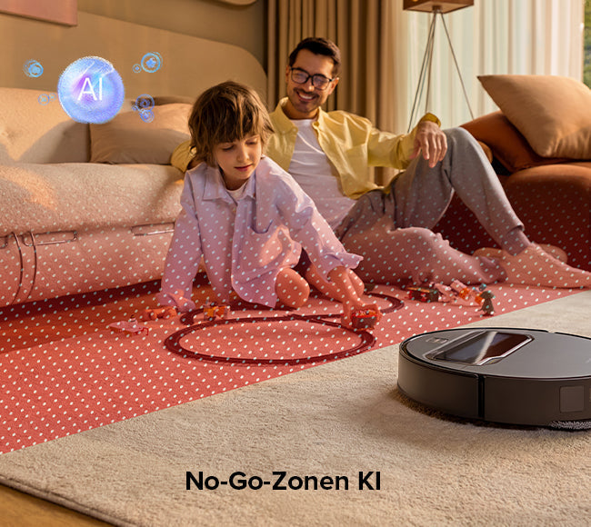 Saugroboter mit KI-No-Go-Zonen reinigt den Boden im Wohnzimmer, während Kind und Vater entspannt spielen.