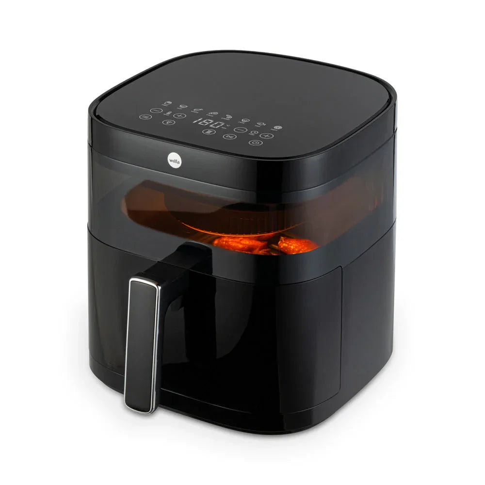Dualfryer airfryer with top control panel and heating glow through the front window