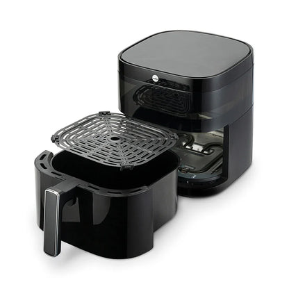 Dualfryer airfryer with open drawer and perforated cooking rack