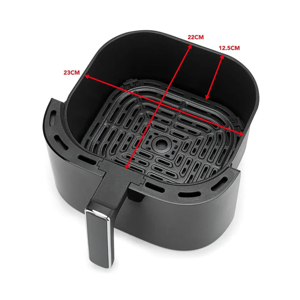 Dualfryer airfryer inner basket with size labels over perforated base