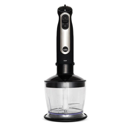 Wilfa immersion blender with clear chopper cup, black and silver base