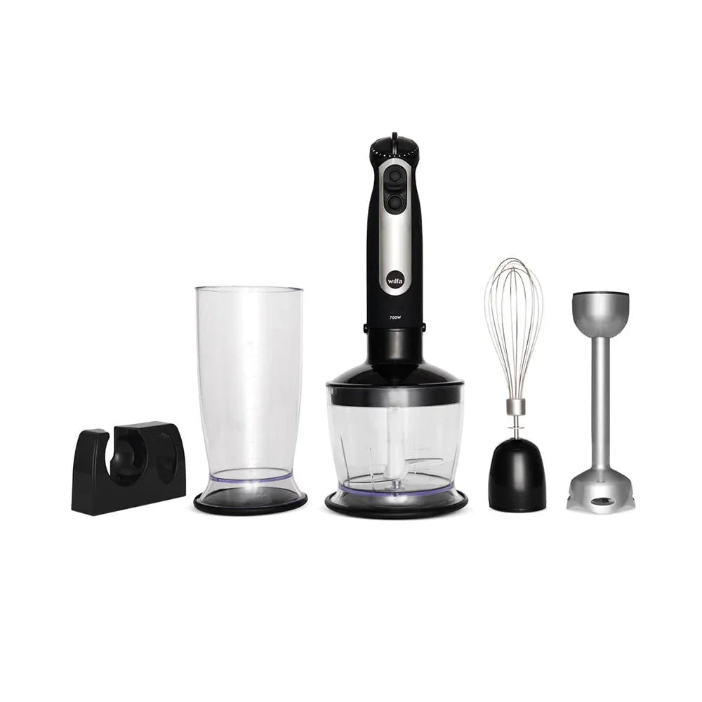 Immersion blender kit: motor unit, chopper cup, beaker, whisk and blade attachments