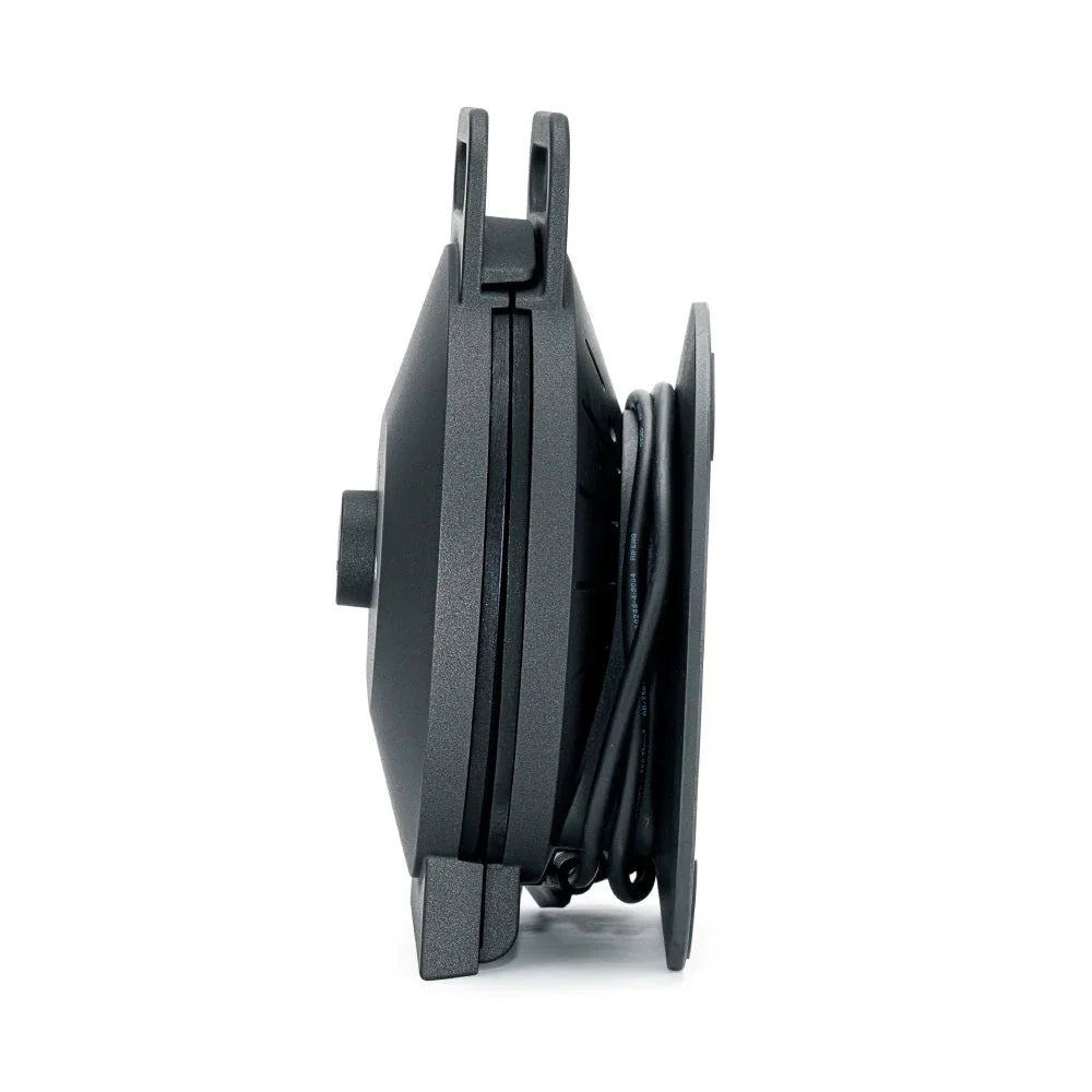 Waffle maker side view with hinge and compact folded lid position
