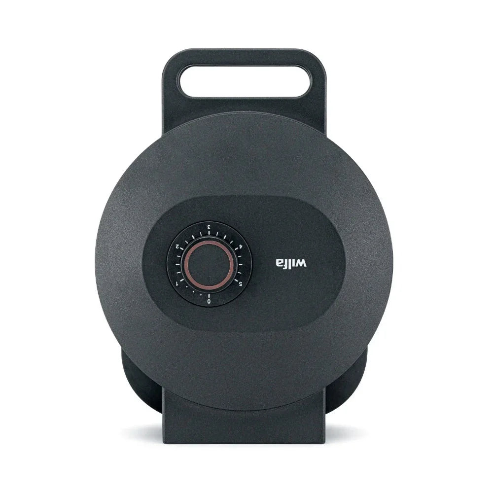 Waffle maker front view with adjustable temperature dial setting