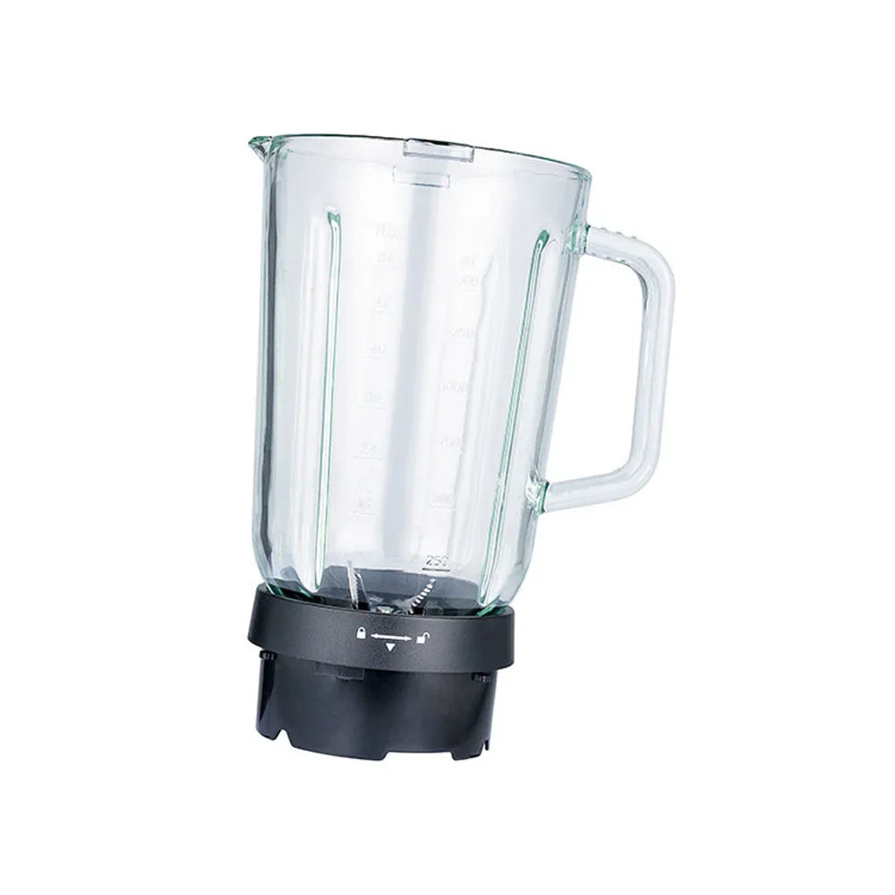Clear blender jug with measurement markings and handle, black base