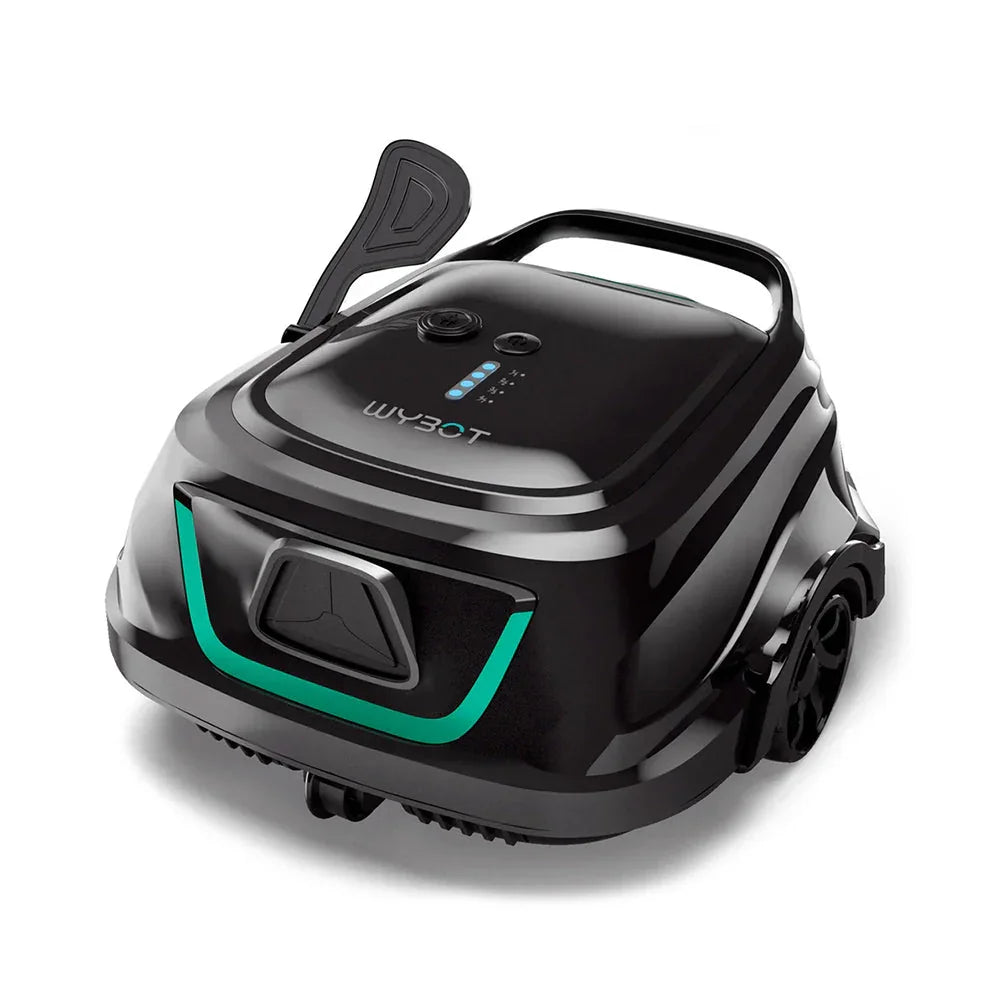 Akku-Poolroboter Wybot A1 mit Griff und Bedienfeld, schwarz-grau, grüne Akzente