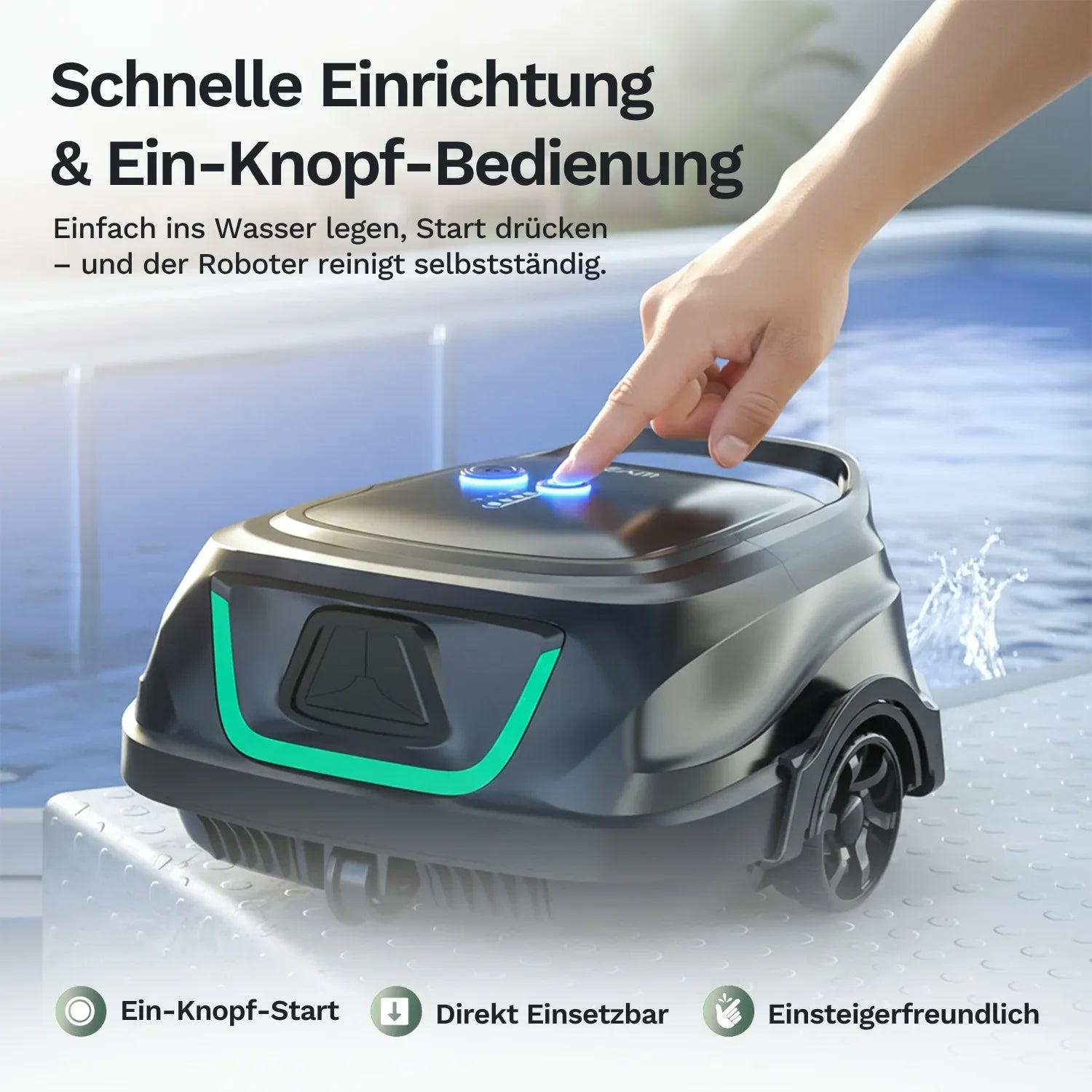 Poolroboter Wybot A1 mit Ein-Knopf-Start am Deckel, Finger aktiviert die Taste