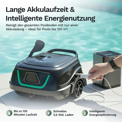 Poolroboter Wybot A1 am Ladegerät: Hand steckt Anschluss am Akkusystem, schwarz-grau