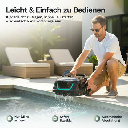 Poolroboter Wybot A1 wird am Beckenrand eingesetzt, Griff am Deckel, schwarz-grau
