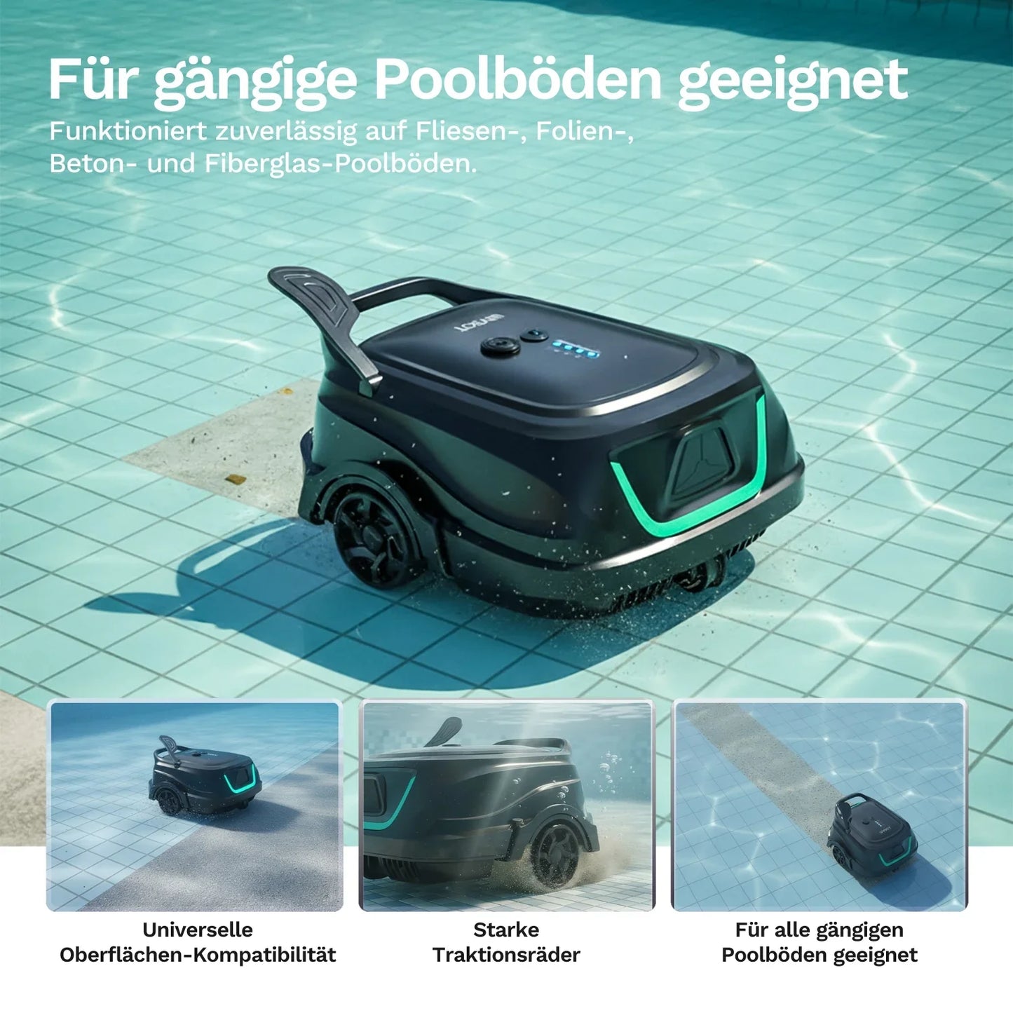 Poolroboter Wybot A1 mit Frontmodul und grüner Leuchtkante, wasserfestes Gehäuse