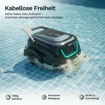 Kabelloser Poolroboter im Wasser, schwarz-grau mit grünen Linien und Rädern