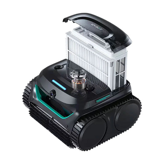 Wybot C2 Vision Poolroboter mit schwarzen Laufrollen und weißem Filtergehäuse, grünen Leuchten