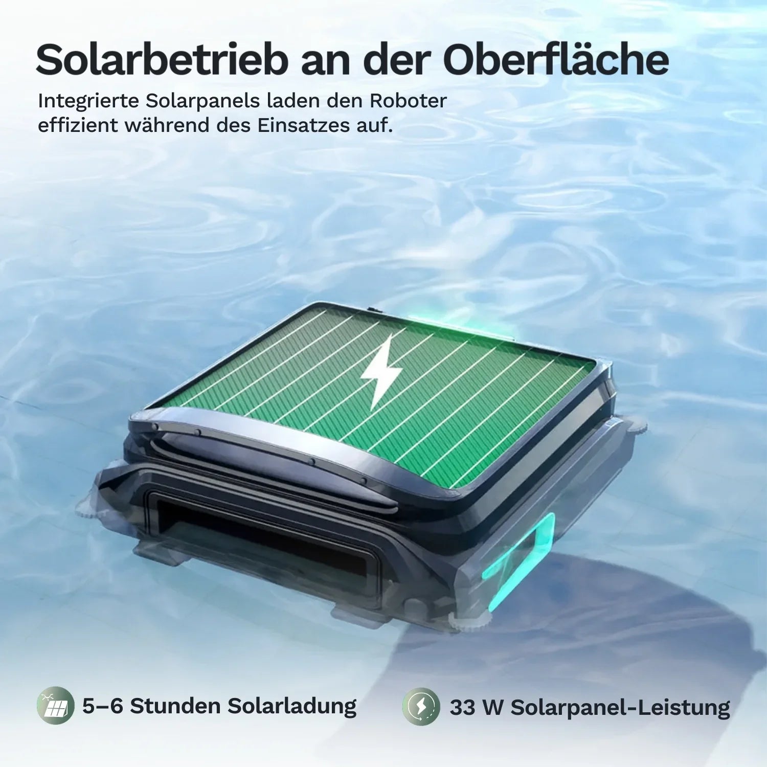 Solarbetriebener Skimmer Wybot F1 mit Solarpanel auf der Oberseite