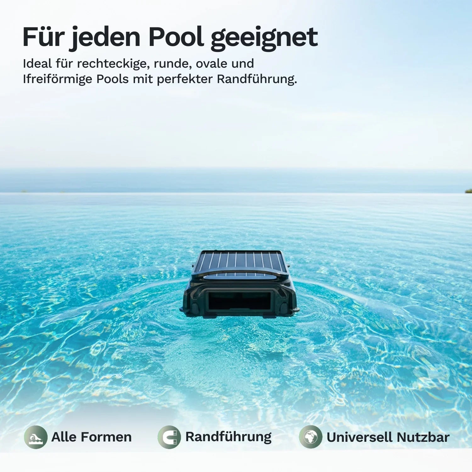 Wybot F1 Solar-Skimmer auf Wasseroberfläche, kompakte Bauform für Poolränder