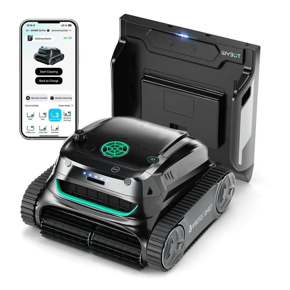 Akku-Poolroboter Wybot S2 Pro mit grüner LED-Anzeige, Antriebsrädern und Reinigungsfront