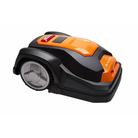 Rasenroboter SA900B schwarz-orange, seitliche Ansicht mit Rad